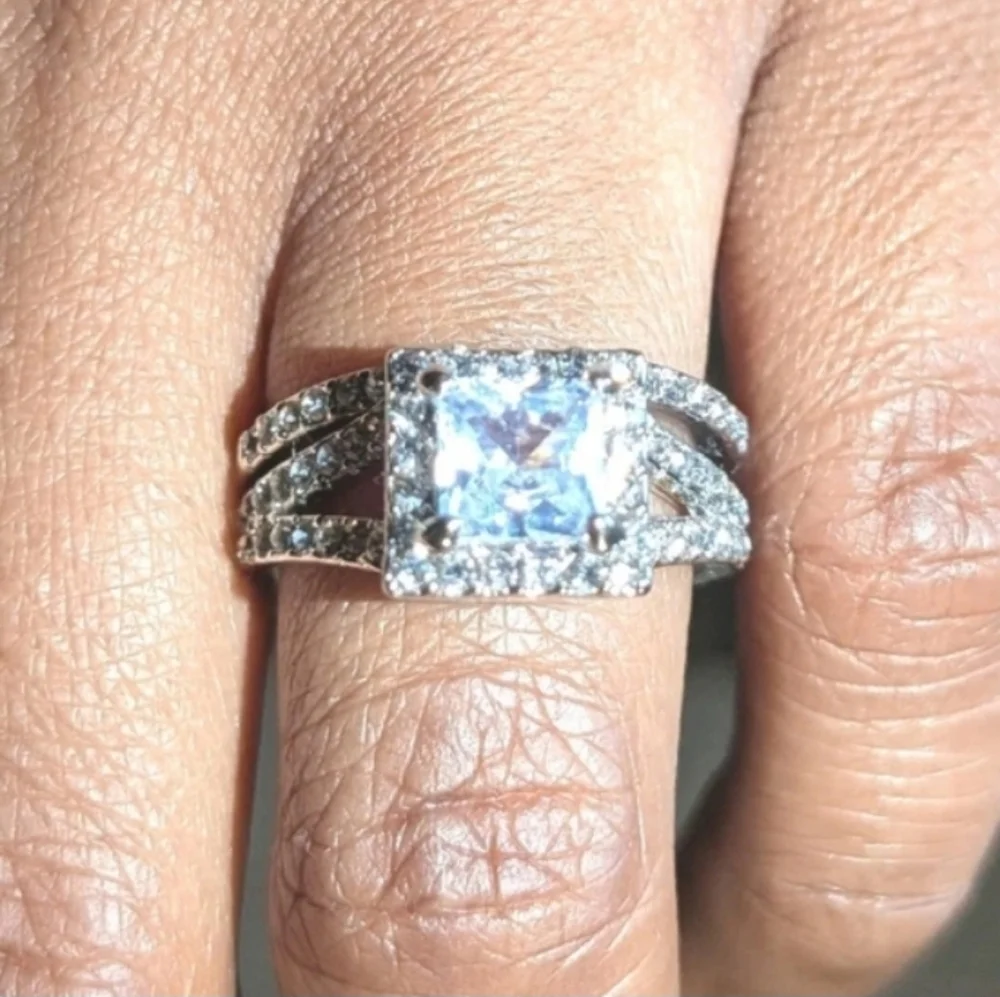 Womens 5ct Princess Cut Lab Created Diamond Halo Trio Wedding Ring Sz 7.5